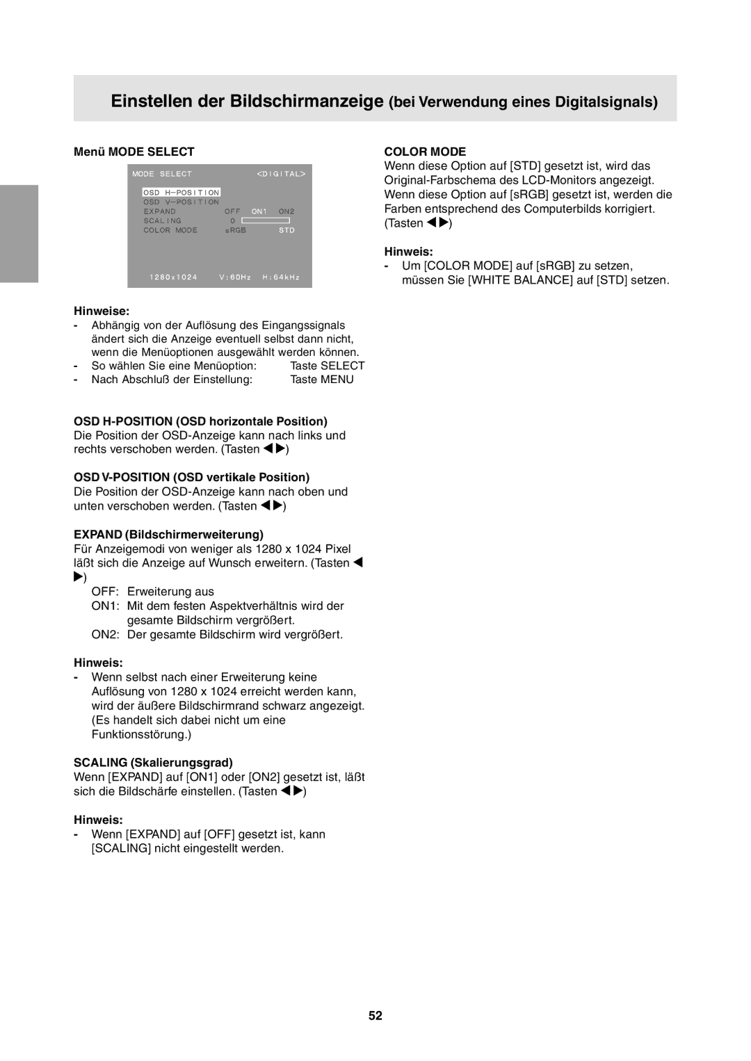 Sharp LL-T1811W operation manual Menü Mode Select, Wenn diese Option auf STD gesetzt ist, wird das 