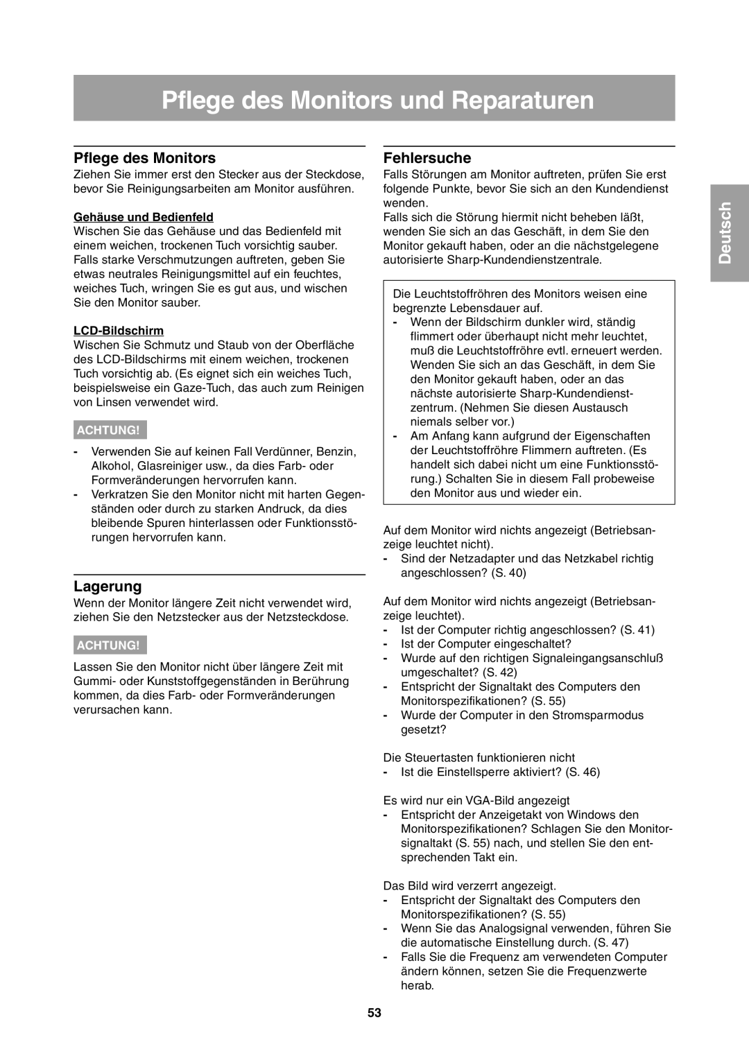 Sharp LL-T1811W operation manual Pflege des Monitors und Reparaturen, Lagerung, Fehlersuche 