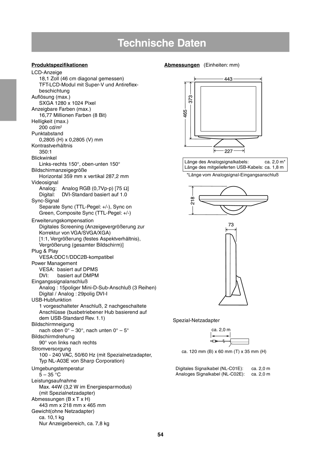 Sharp LL-T1811W operation manual Technische Daten, Produktspezifikationen, Spezial-Netzadapter 