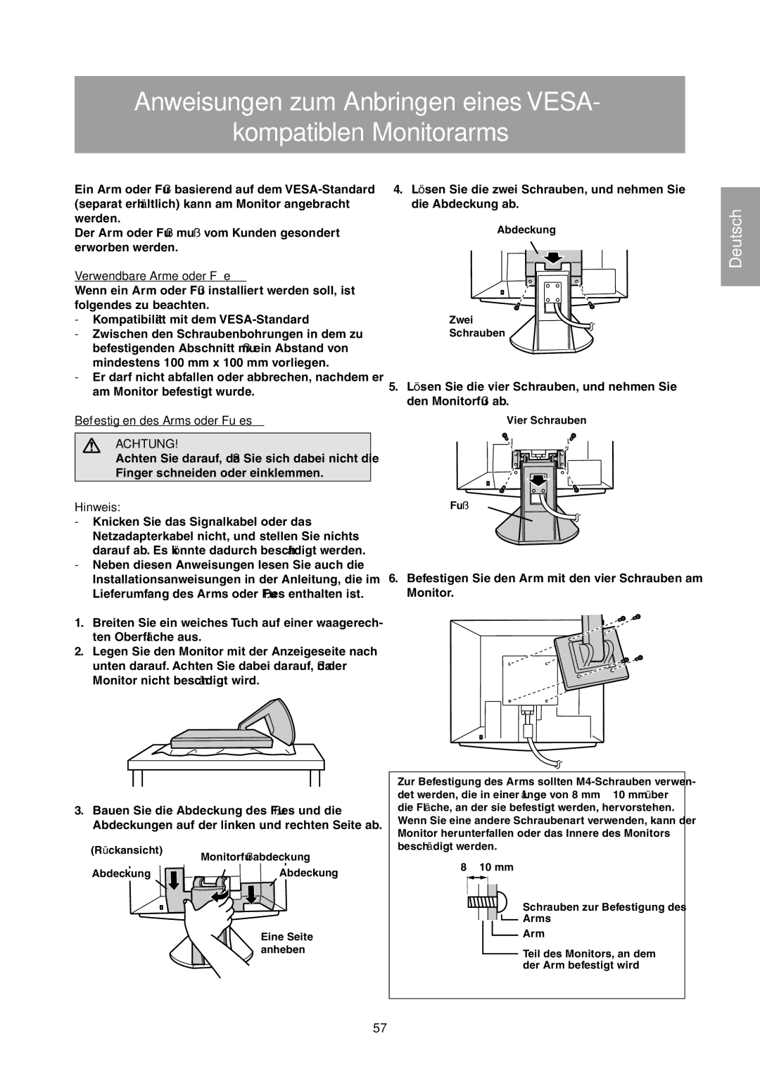 Sharp LL-T1811W operation manual Verwendbare Arme oder Füße, Befestigen des Arms oder Fußes, Achtung 