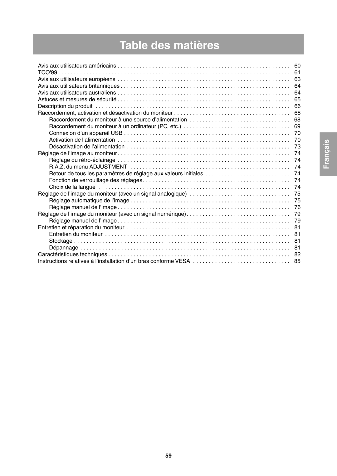 Sharp LL-T1811W operation manual Table des matières 