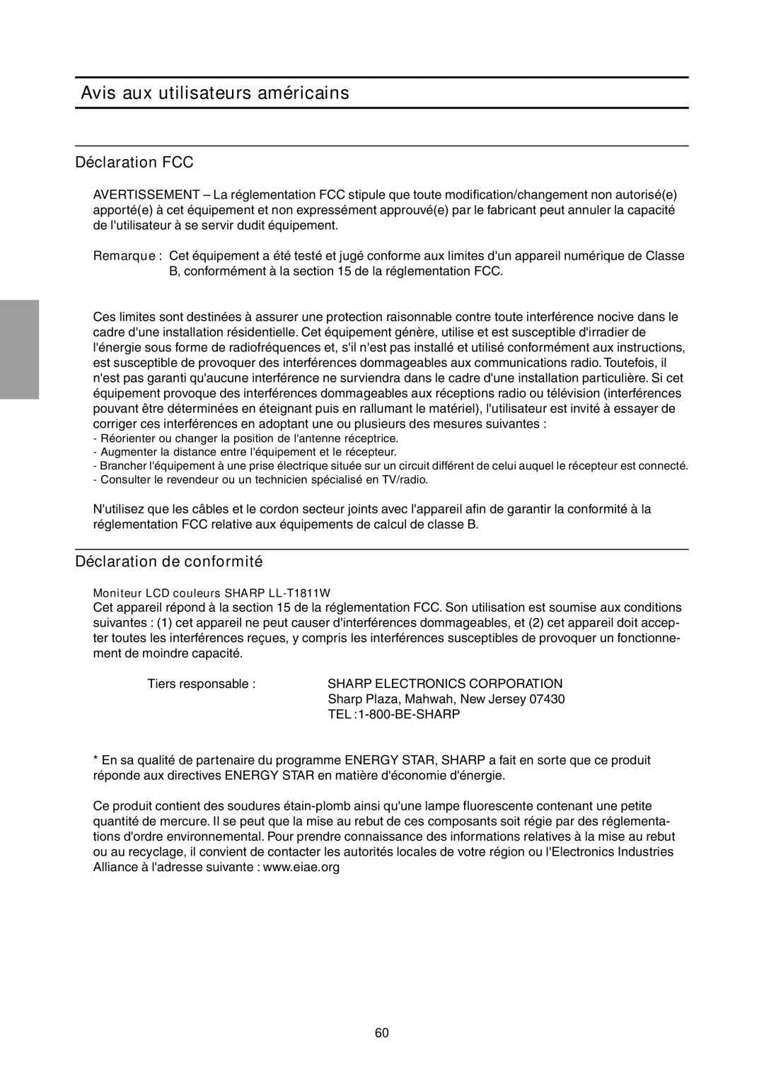 Sharp LL-T1811W operation manual Avis aux utilisateurs américains, Déclaration FCC, Déclaration de conformité 