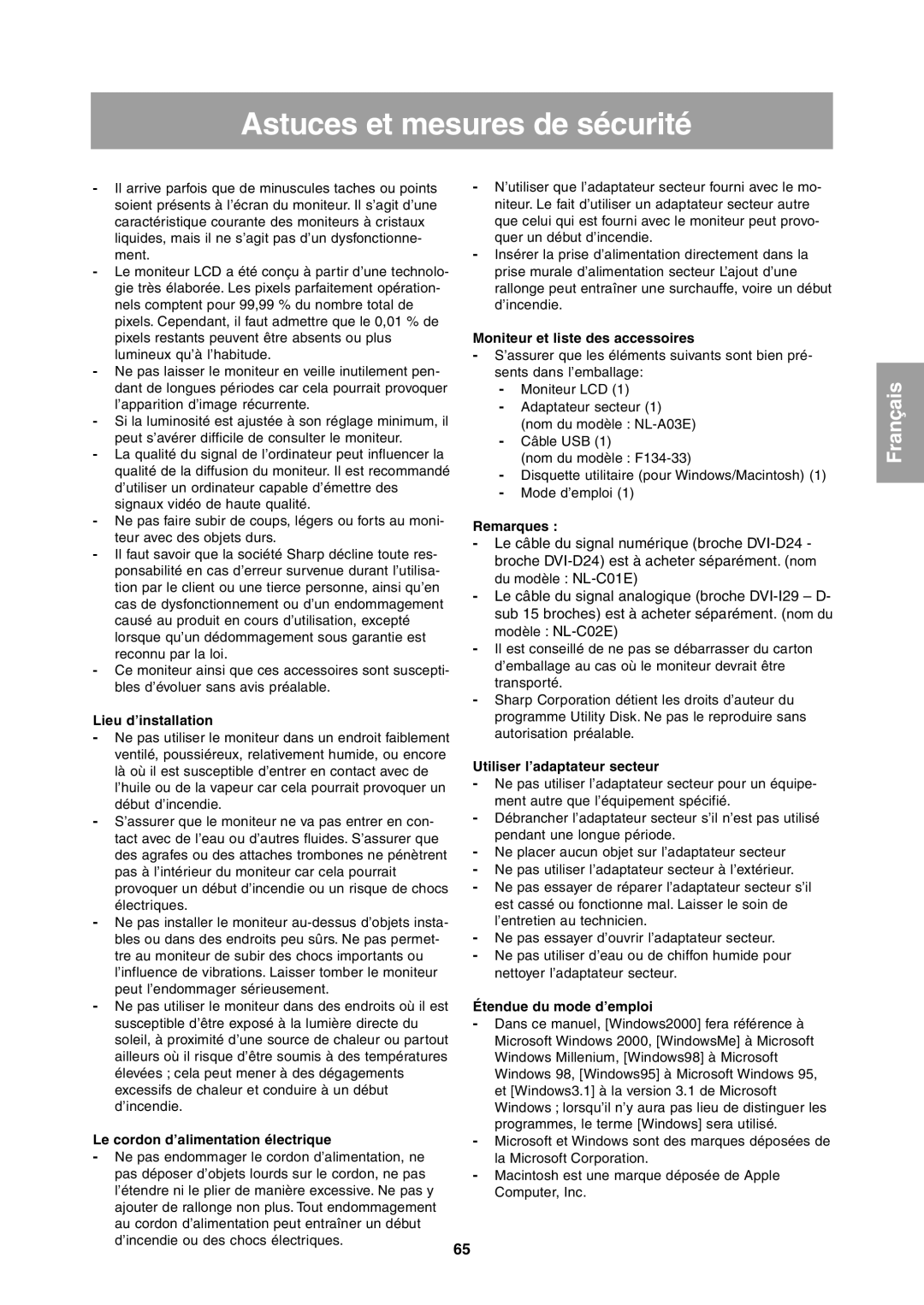 Sharp LL-T1811W operation manual Astuces et mesures de sécurité, Lieu d’installation 