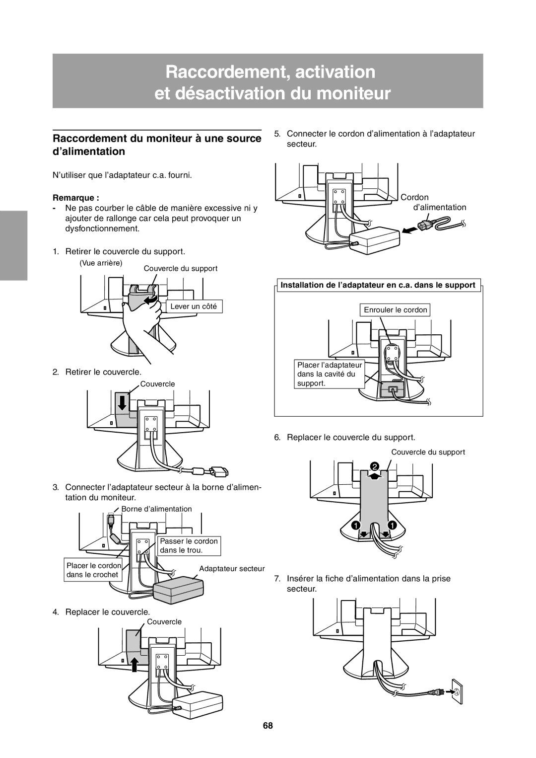 Sharp LL-T1811W operation manual Raccordement du moniteur à une source d’alimentation, Remarque 