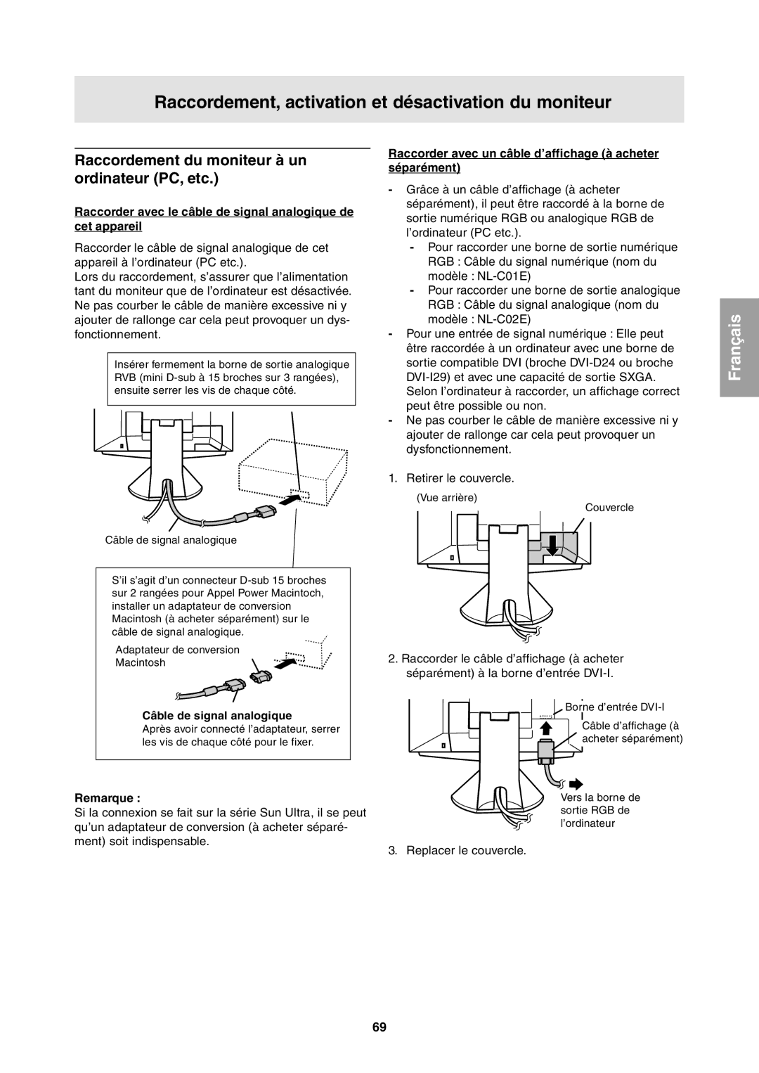 Sharp LL-T1811W Raccordement, activation et désactivation du moniteur, Raccordement du moniteur à un ordinateur PC, etc 