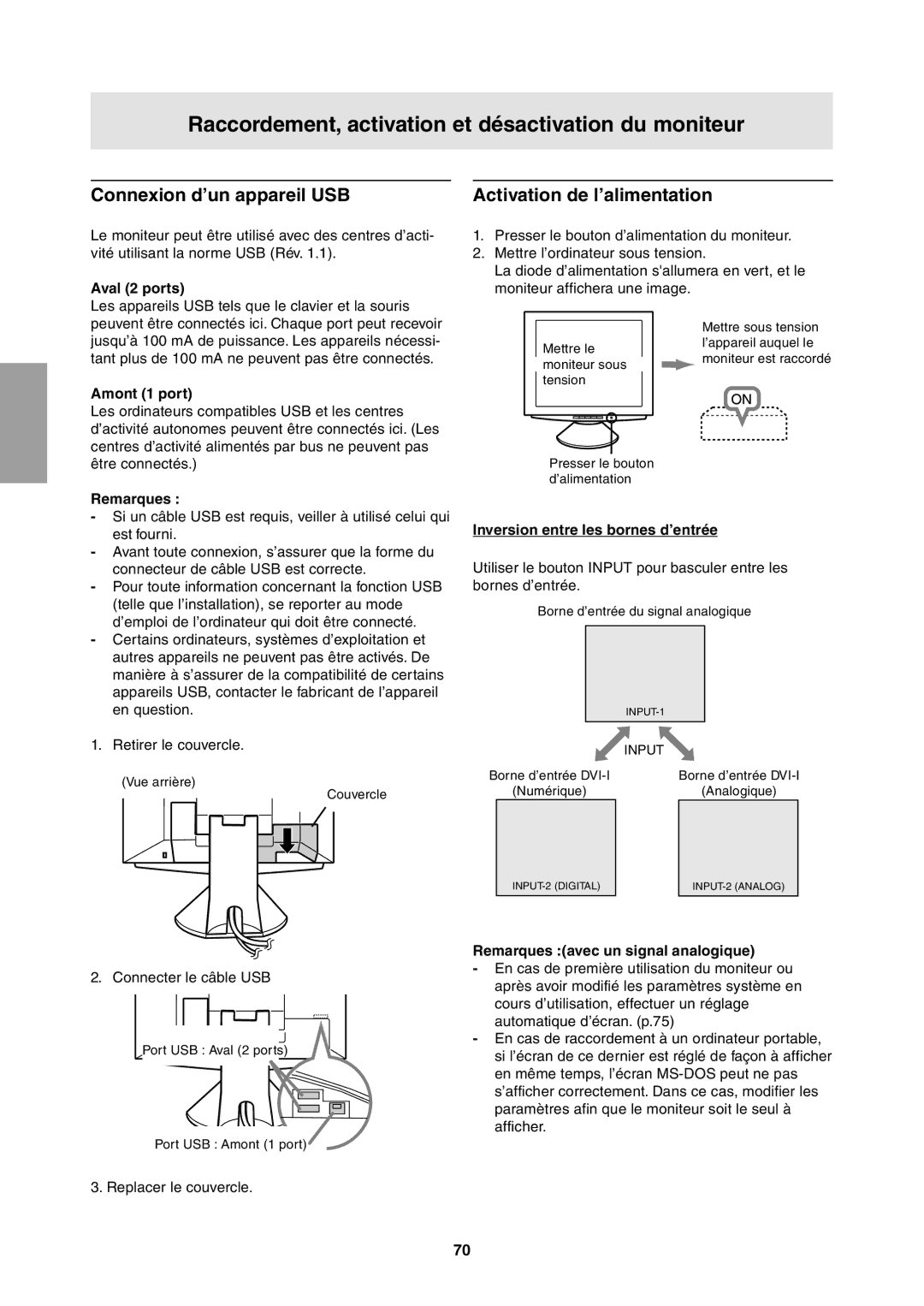 Sharp LL-T1811W operation manual Connexion d’un appareil USB, Activation de l’alimentation 