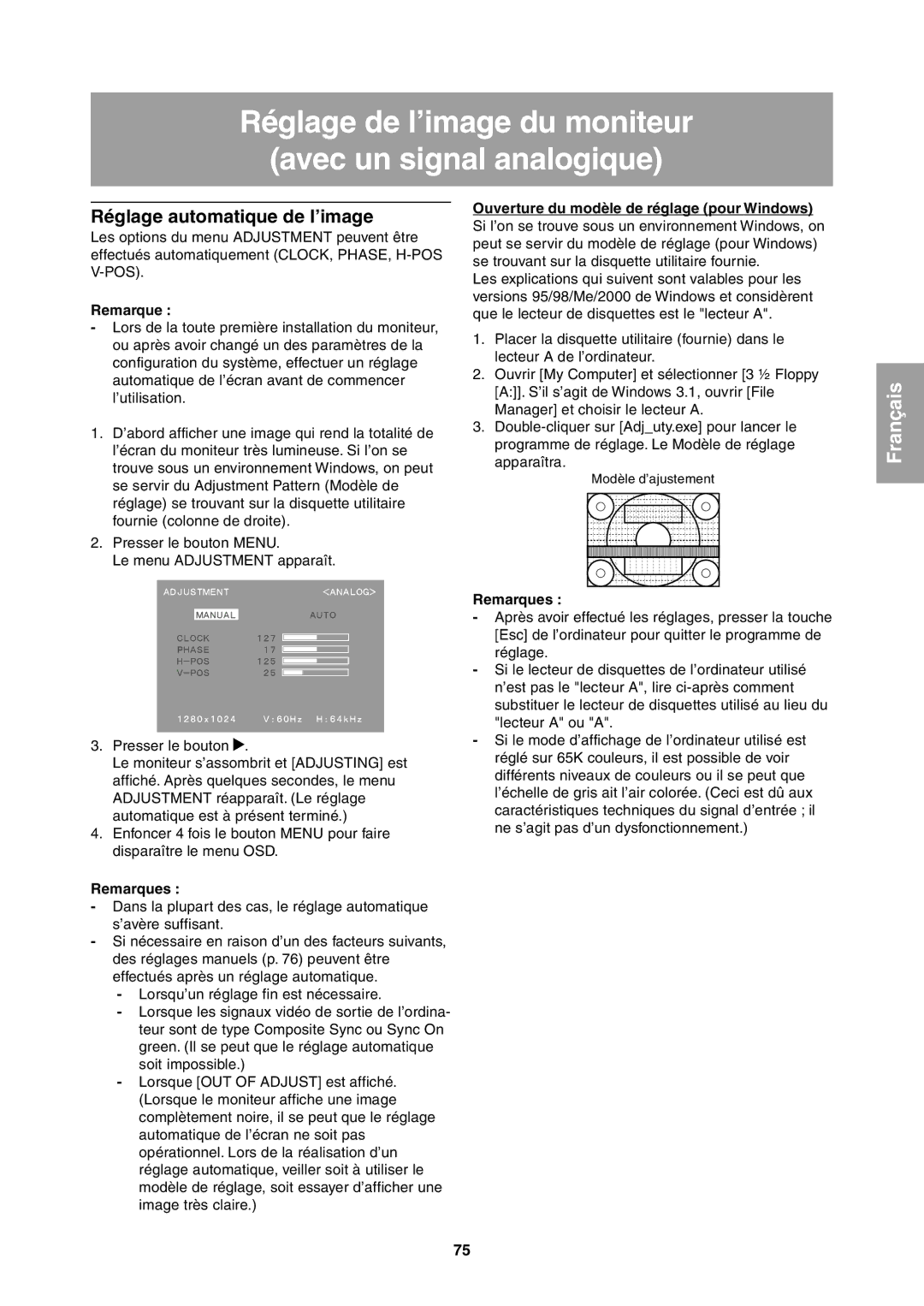 Sharp LL-T1811W operation manual Réglage de l’image du moniteur Avec un signal analogique, Réglage automatique de l’image 