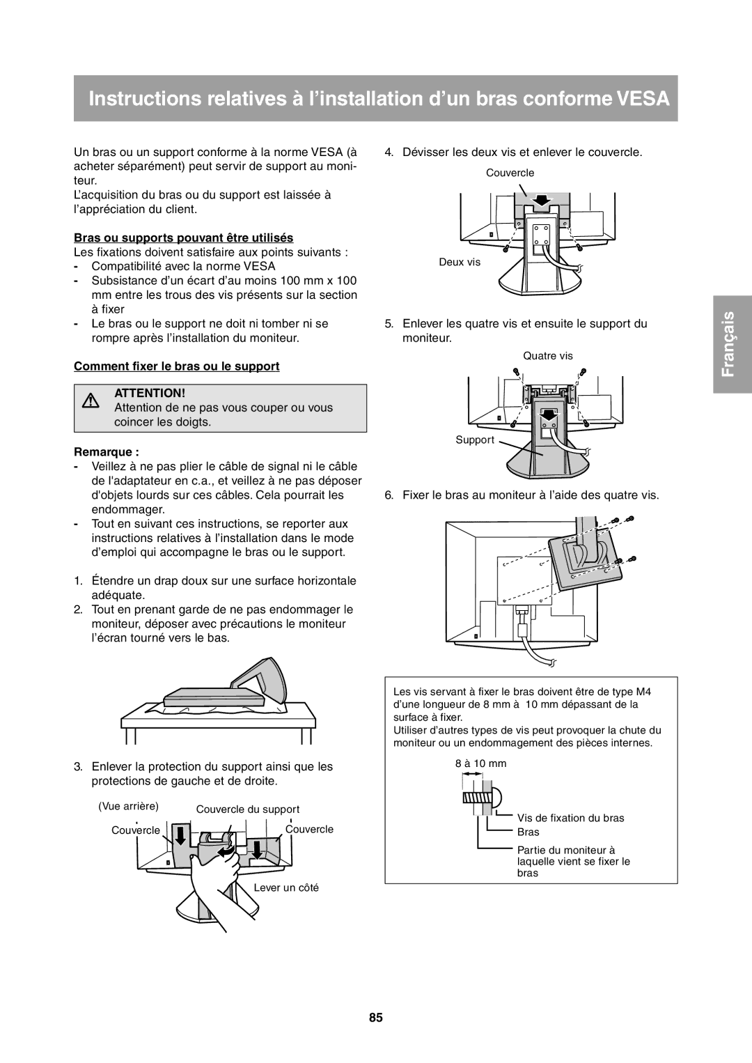 Sharp LL-T1811W operation manual Bras ou supports pouvant être utilisés, Comment fixer le bras ou le support Remarque 