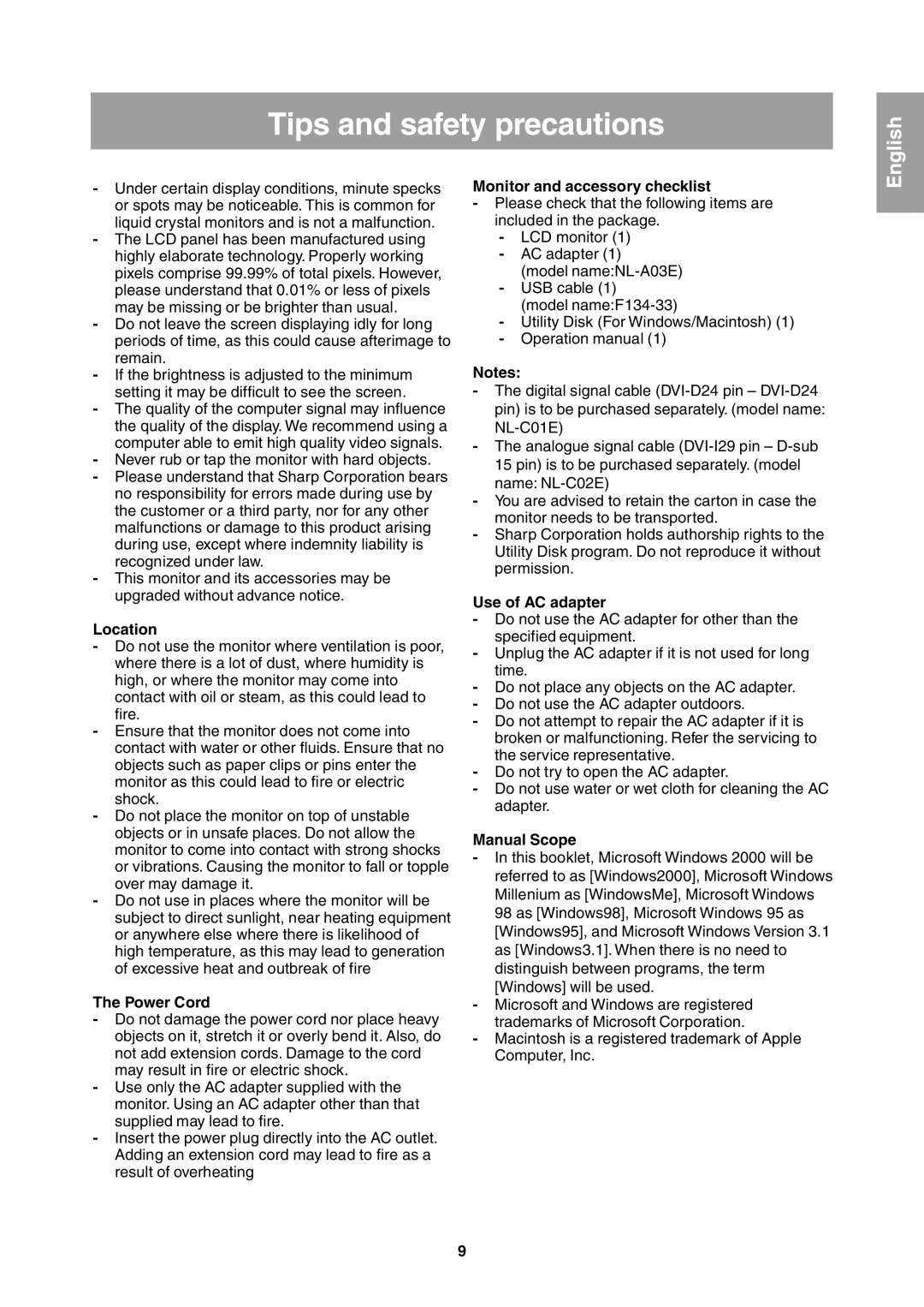 Sharp LL-T1811W operation manual Tips and safety precautions 