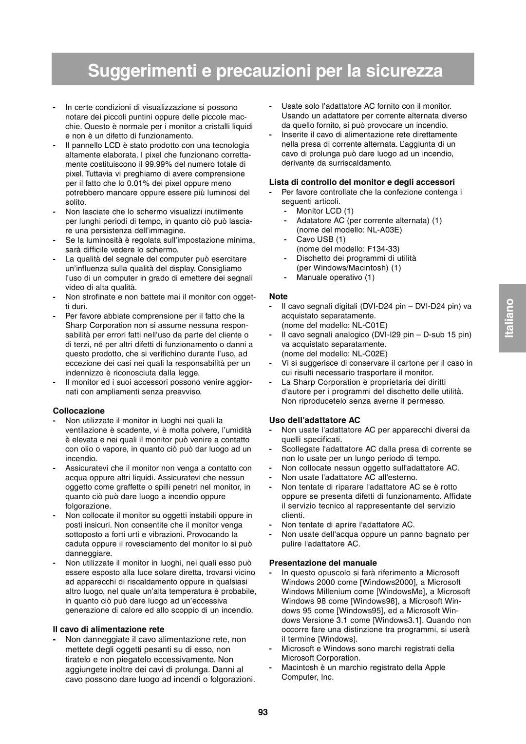 Sharp LL-T1811W operation manual Suggerimenti e precauzioni per la sicurezza 