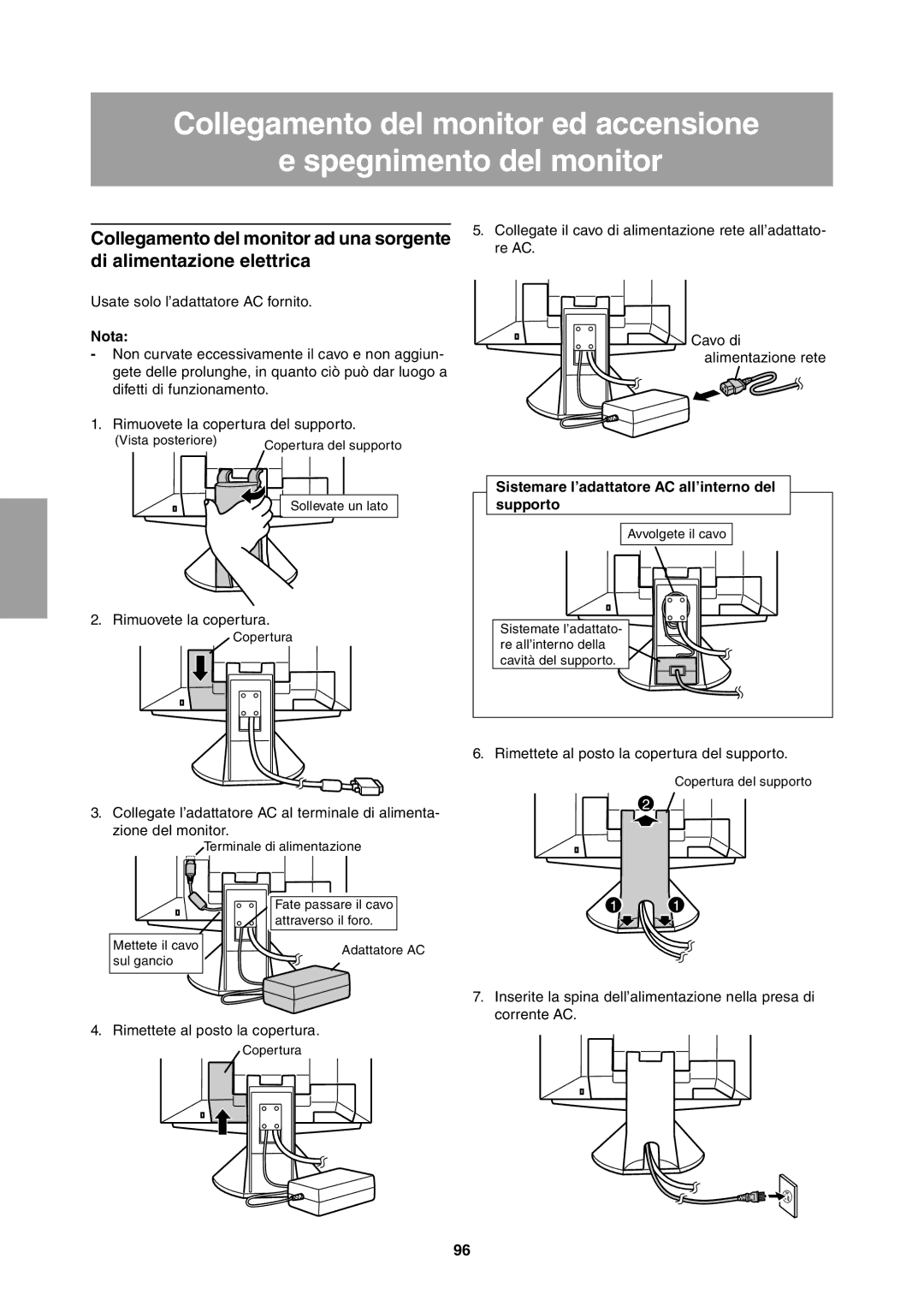 Sharp LL-T1811W operation manual Nota, Sistemare l’adattatore AC all’interno del supporto 