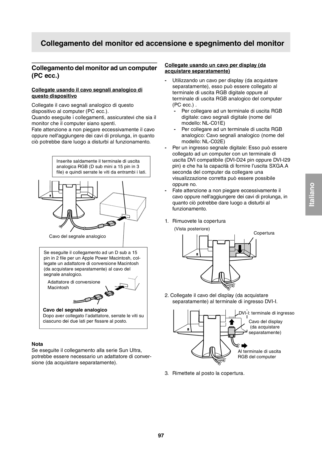 Sharp LL-T1811W operation manual Collegamento del monitor ad un computer PC ecc, Cavo del segnale analogico 