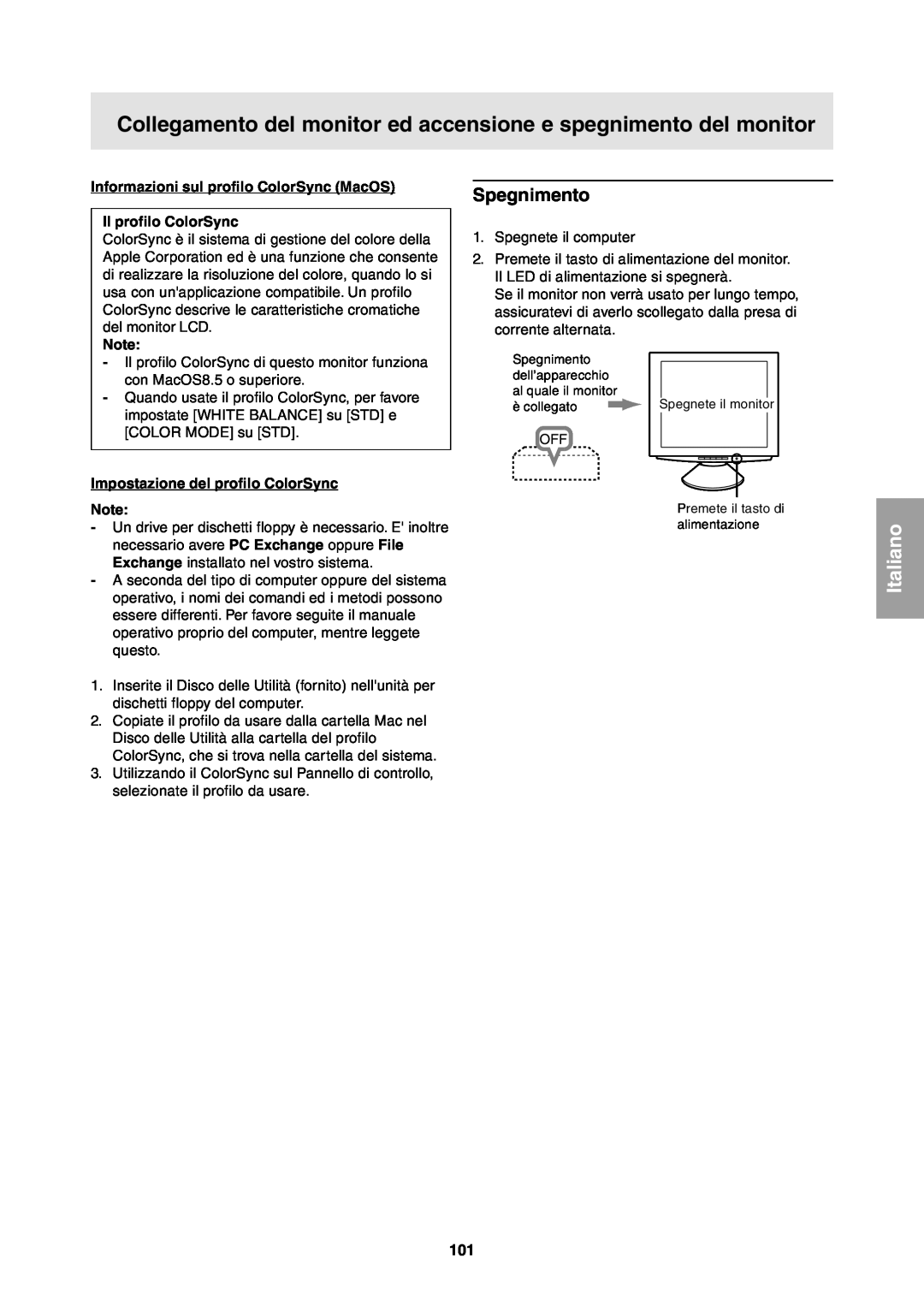 Sharp LL-T1811W operation manual Spegnimento, Informazioni sul profilo ColorSync MacOS Il profilo ColorSync, Italiano 