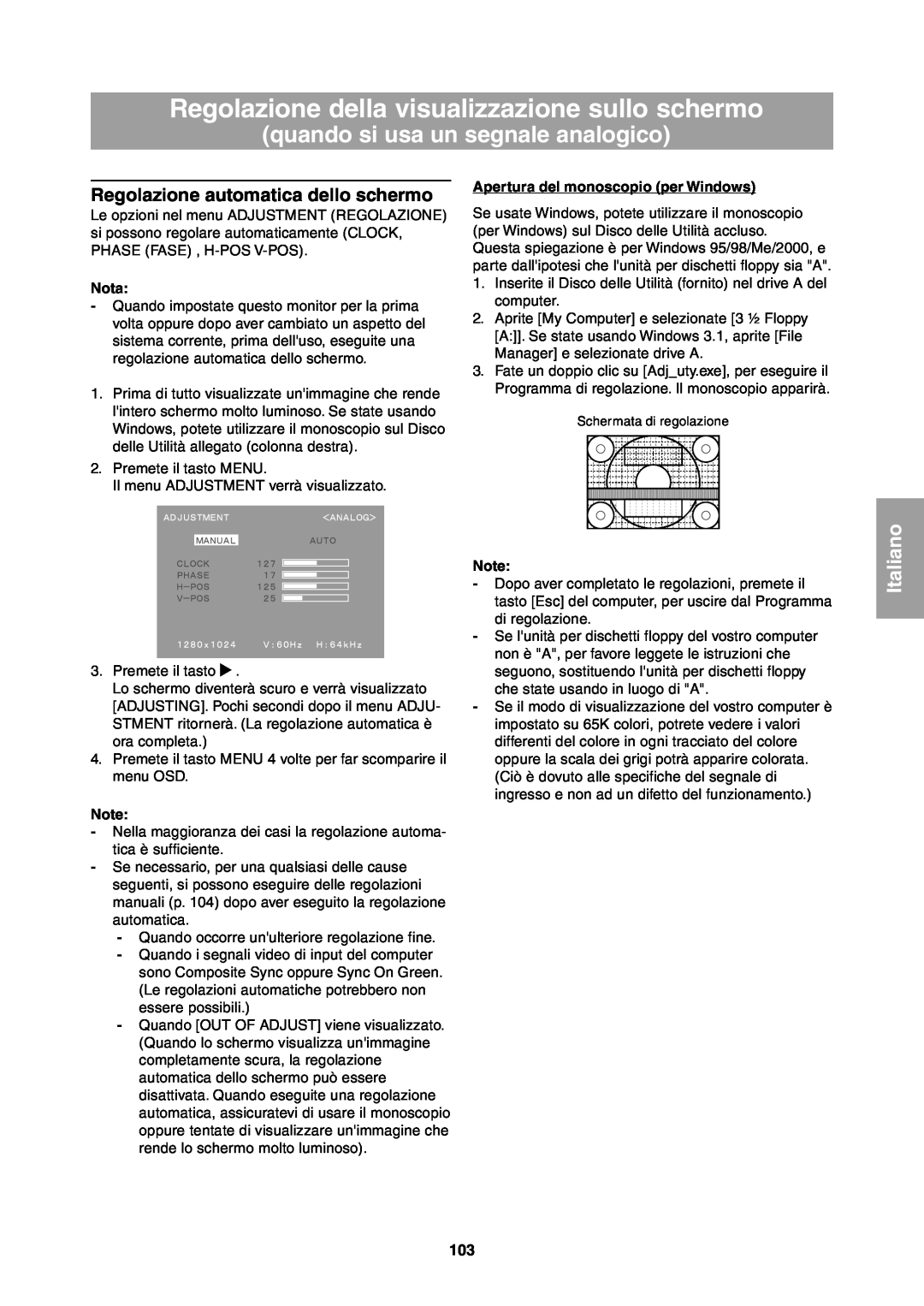 Sharp LL-T1811W Regolazione della visualizzazione sullo schermo, quando si usa un segnale analogico, Italiano, Nota 