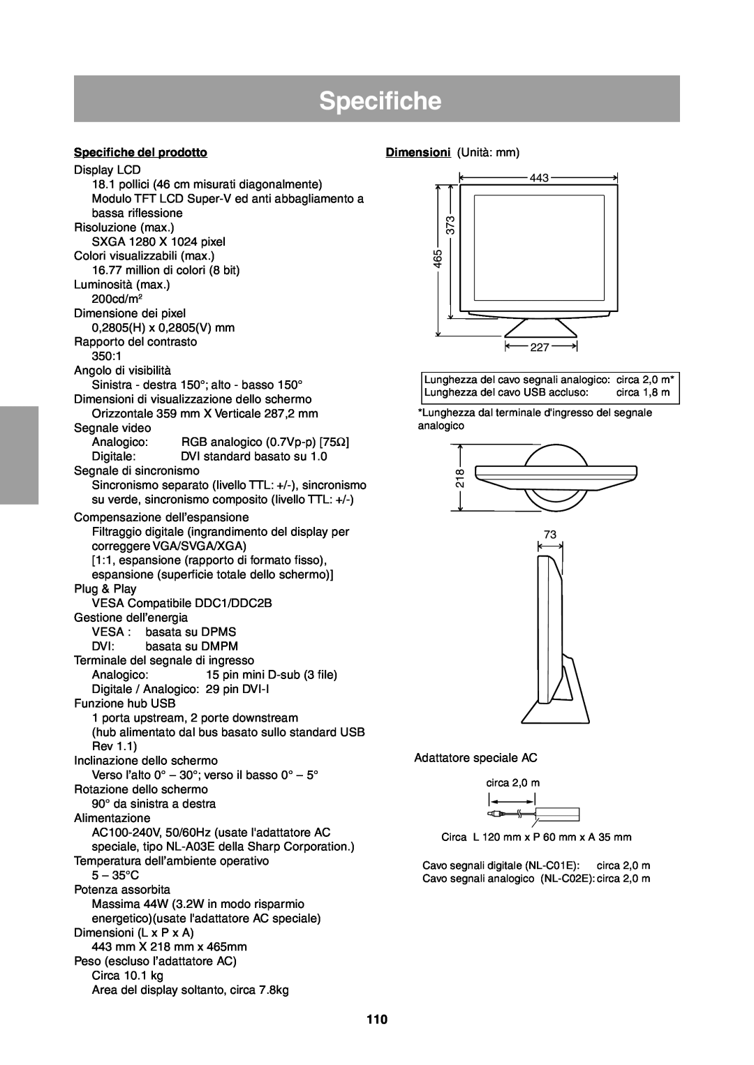 Sharp LL-T1811W operation manual Specifiche del prodotto 