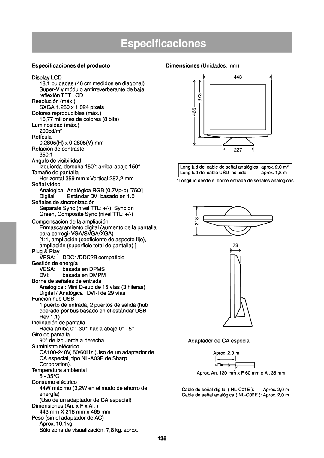 Sharp LL-T1811W operation manual Especificaciones del producto 