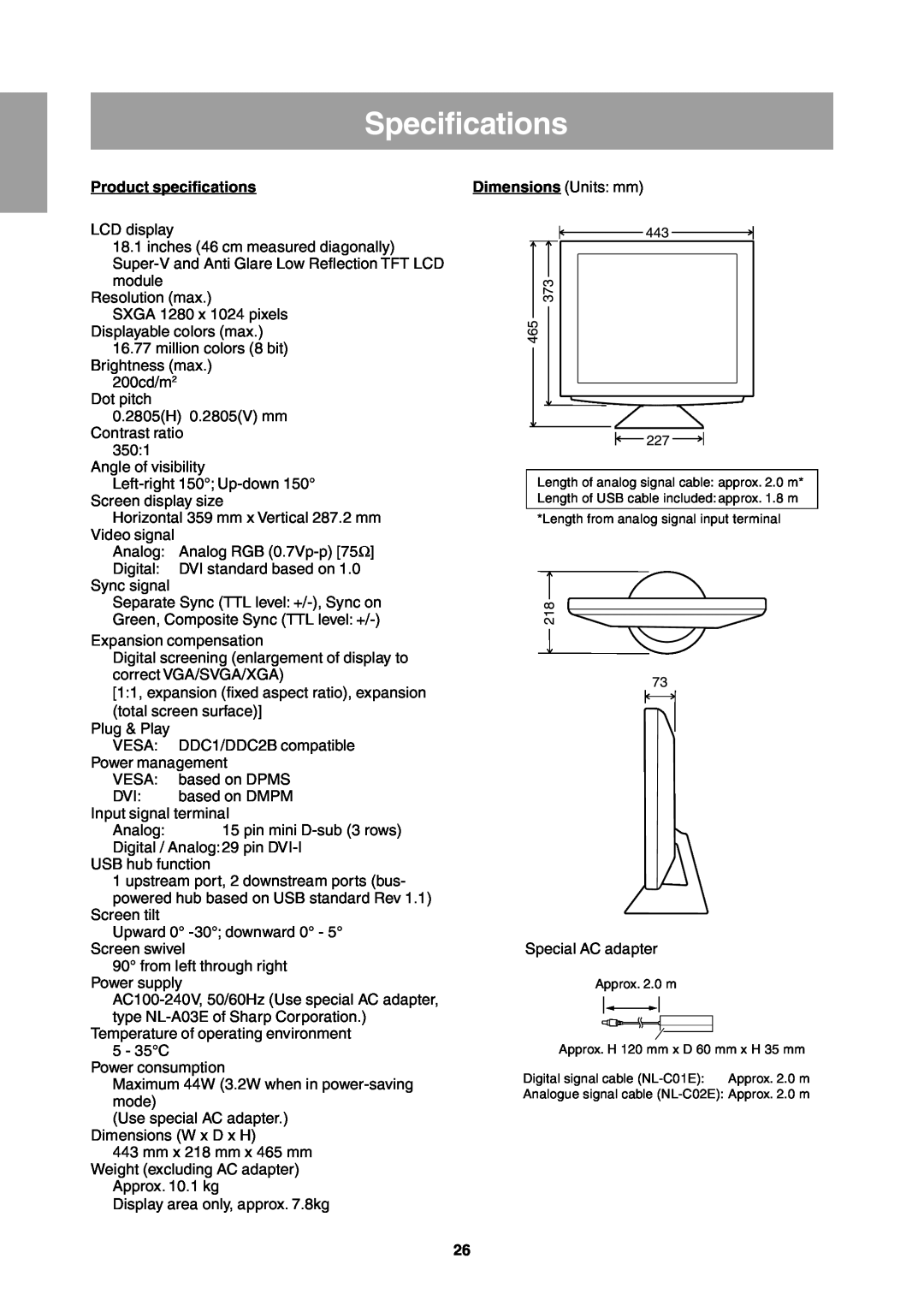 Sharp LL-T1811W operation manual Specifications, Product specifications 