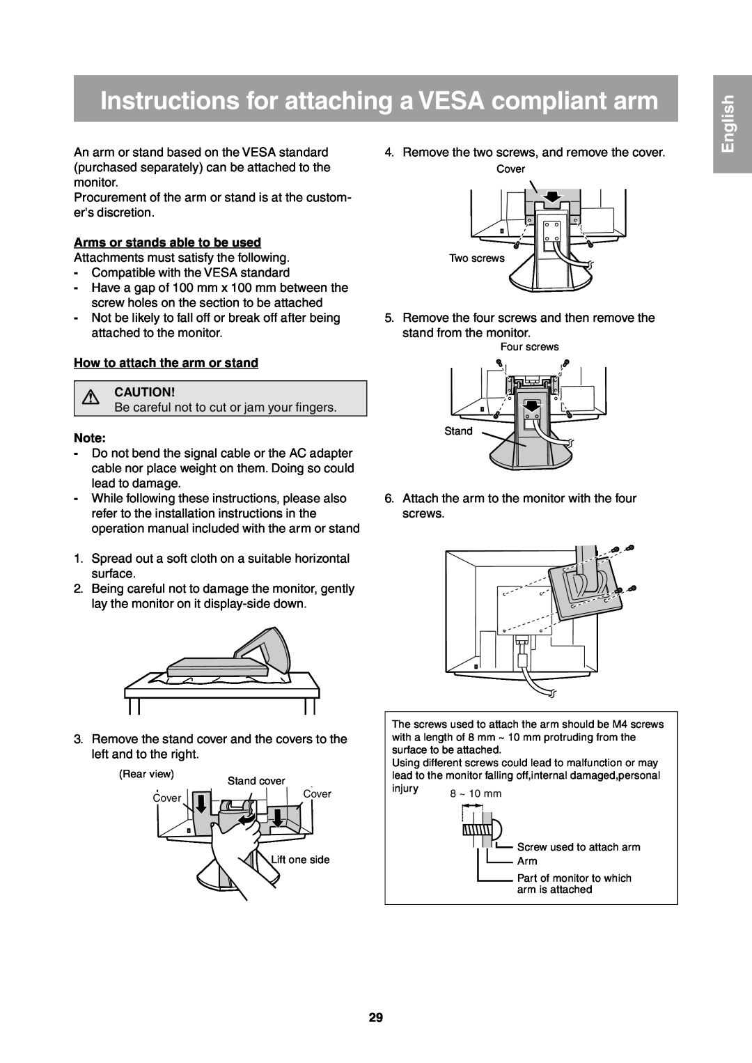 Sharp LL-T1811W operation manual Instructions for attaching a VESA compliant arm, How to attach the arm or stand, English 