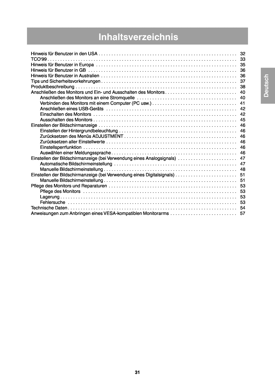 Sharp LL-T1811W operation manual Inhaltsverzeichnis, Deutsch 