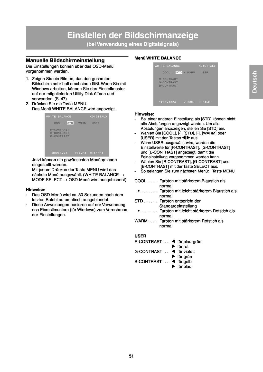 Sharp LL-T1811W bei Verwendung eines Digitalsignals, Einstellen der Bildschirmanzeige, Deutsch, Menü WHITE BALANCE, User 