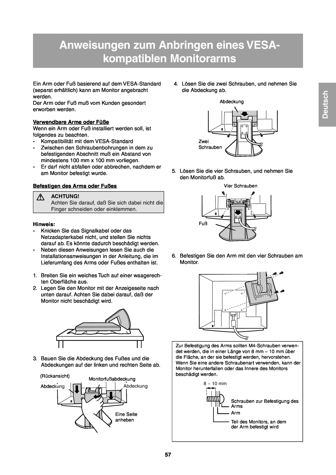 Sharp LL-T1811W Anweisungen zum Anbringen eines VESA kompatiblen Monitorarms, Verwendbare Arme oder Füße, Deutsch, Hinweis 