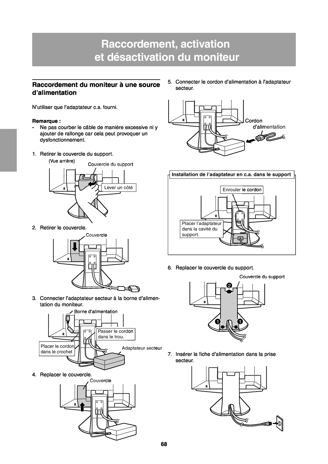 Sharp LL-T1811W operation manual Raccordement, activation et désactivation du moniteur, Remarque 
