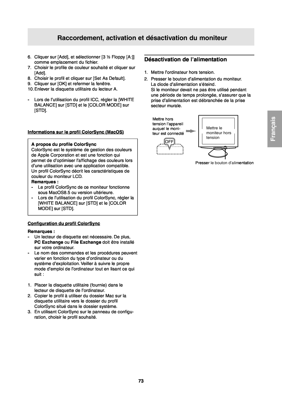 Sharp LL-T1811W Désactivation de l’alimentation, Informations sur le profil ColorSync MacOS, A propos du profile ColorSync 