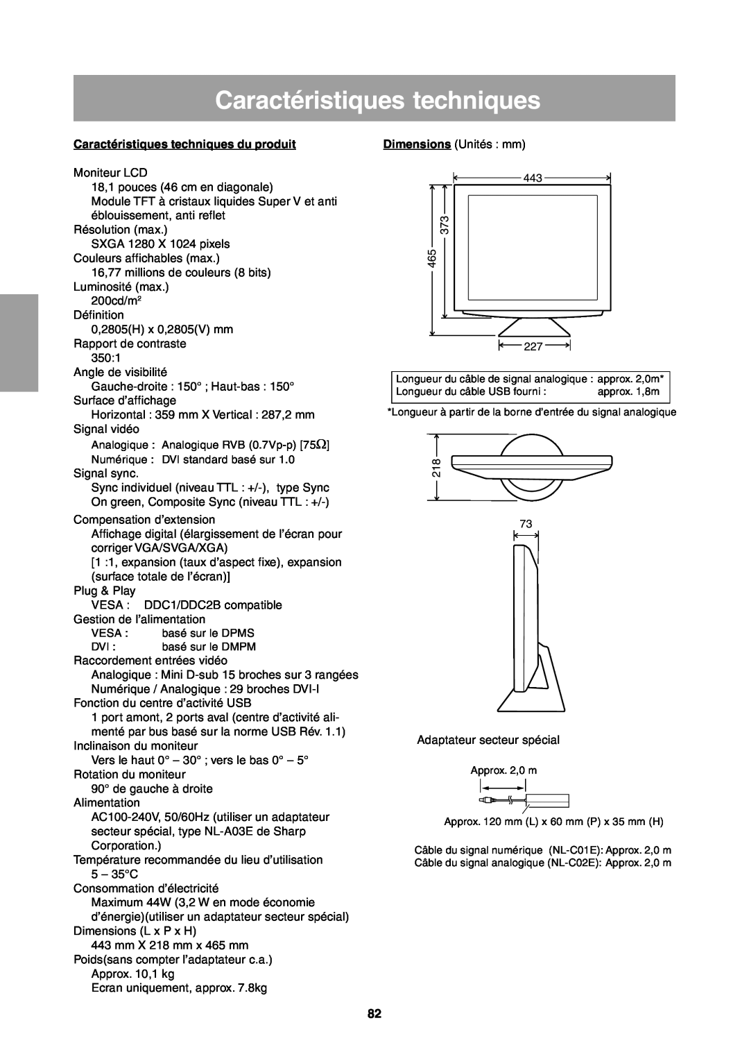 Sharp LL-T1811W operation manual Caractéristiques techniques du produit 