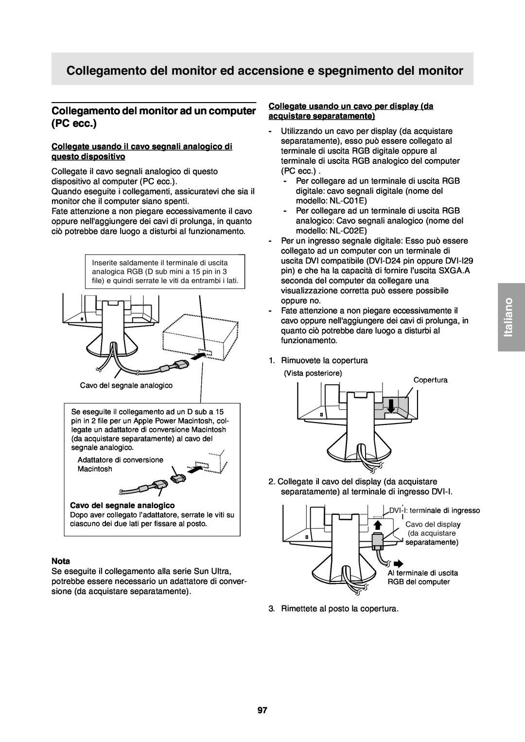 Sharp LL-T1811W operation manual Collegamento del monitor ed accensione e spegnimento del monitor, Italiano, Nota 