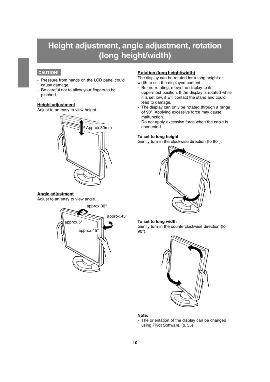 Sharp LL-T1815 operation manual Height adjustment, Angle adjustment, Rotation long height/width, To set to long height 