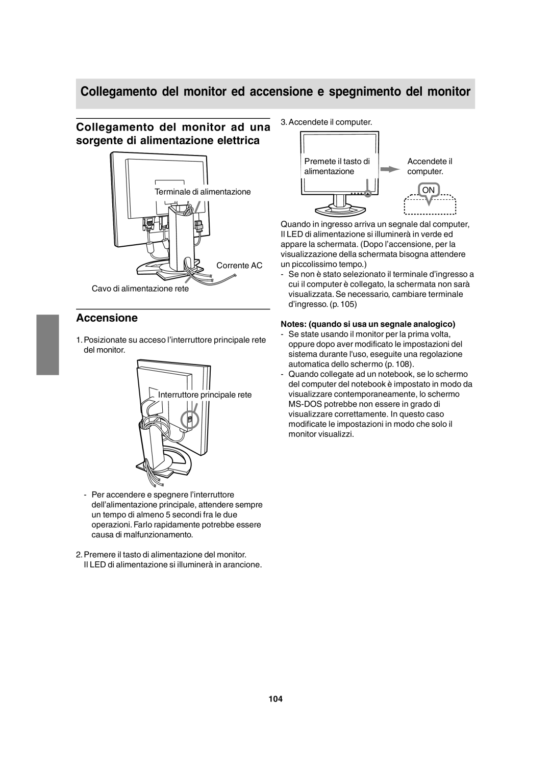 Sharp LL-T1815 operation manual Accensione, Accendete il computer Premete il tasto di, 104 