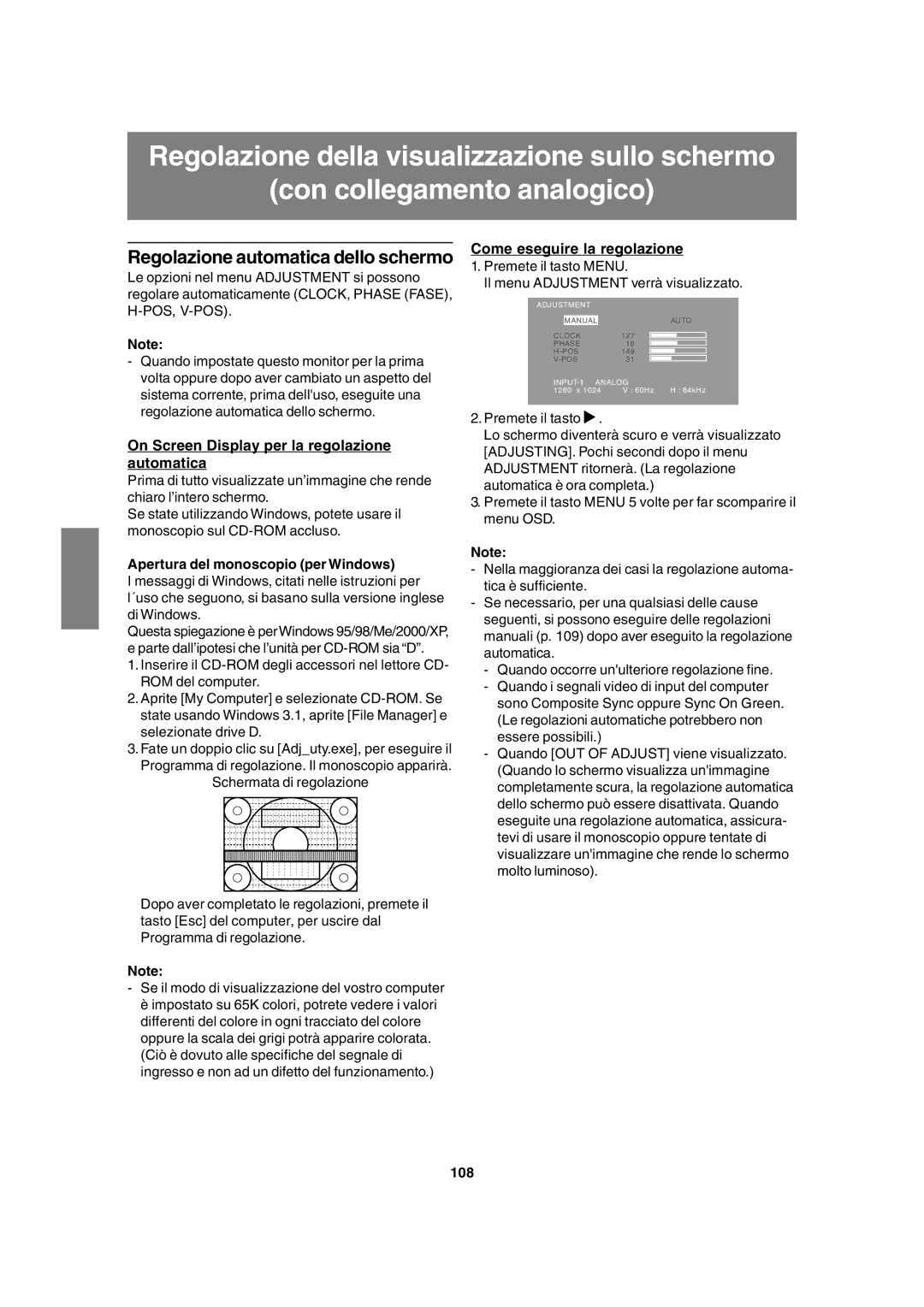 Sharp LL-T1815 operation manual On Screen Display per la regolazione automatica, Come eseguire la regolazione, 108 