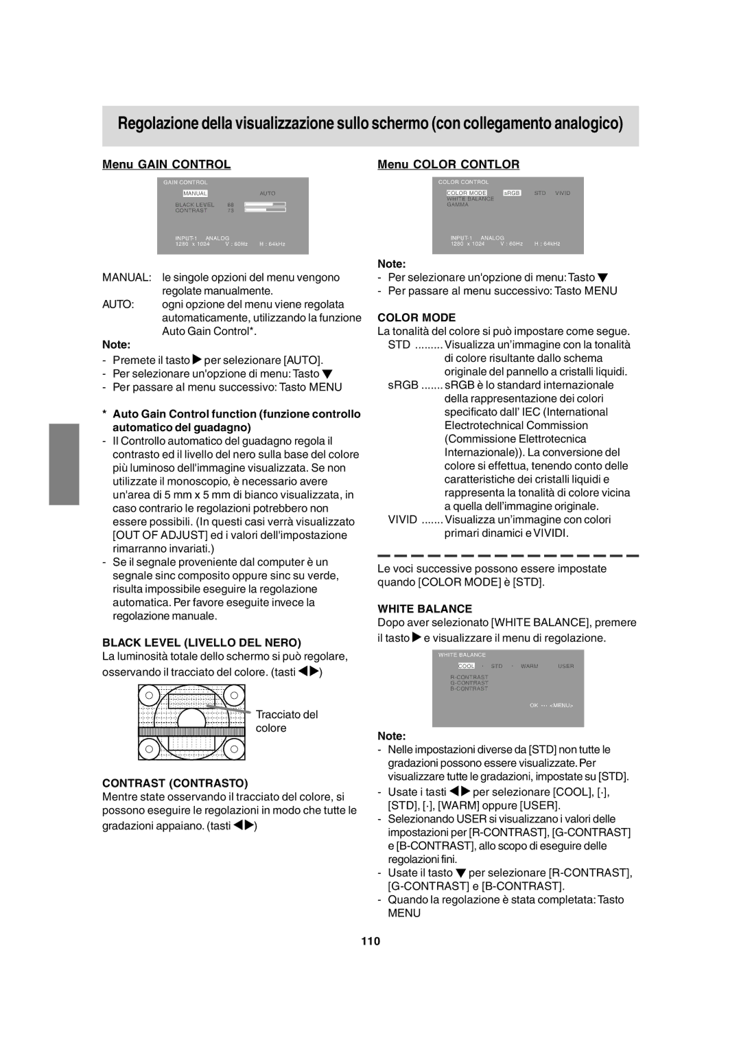 Sharp LL-T1815 operation manual Menu Color Contlor, Black Level Livello DEL Nero, Contrast Contrasto, 110 