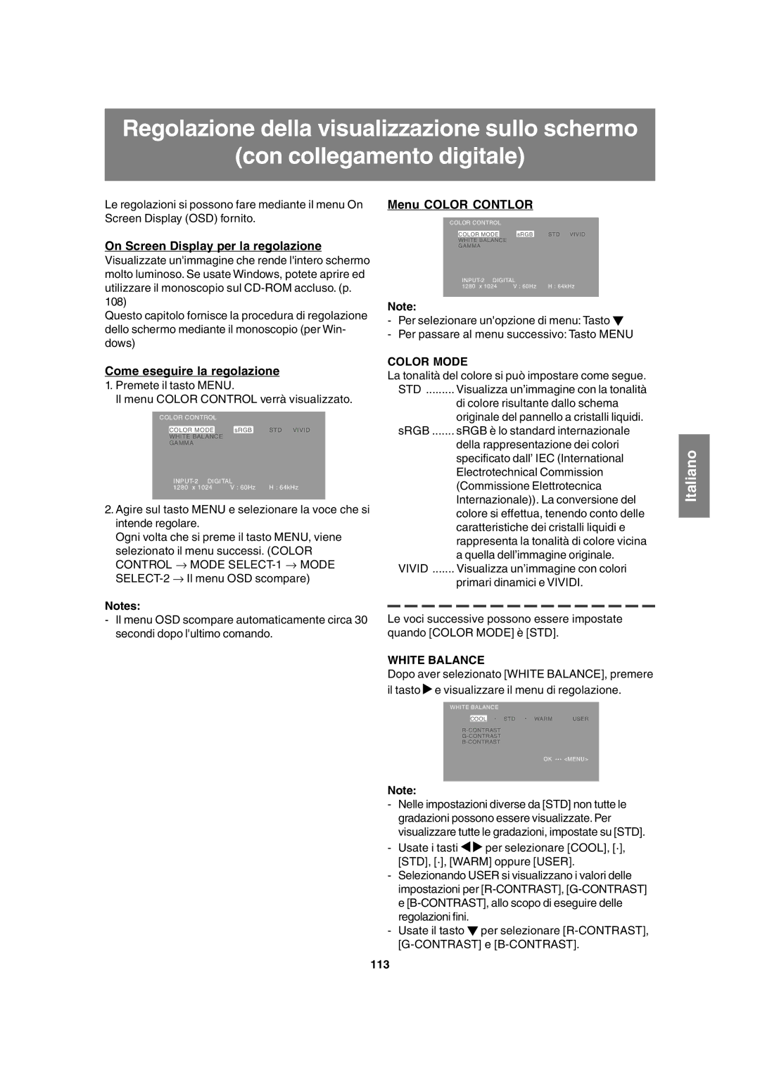 Sharp LL-T1815 operation manual On Screen Display per la regolazione, 113 