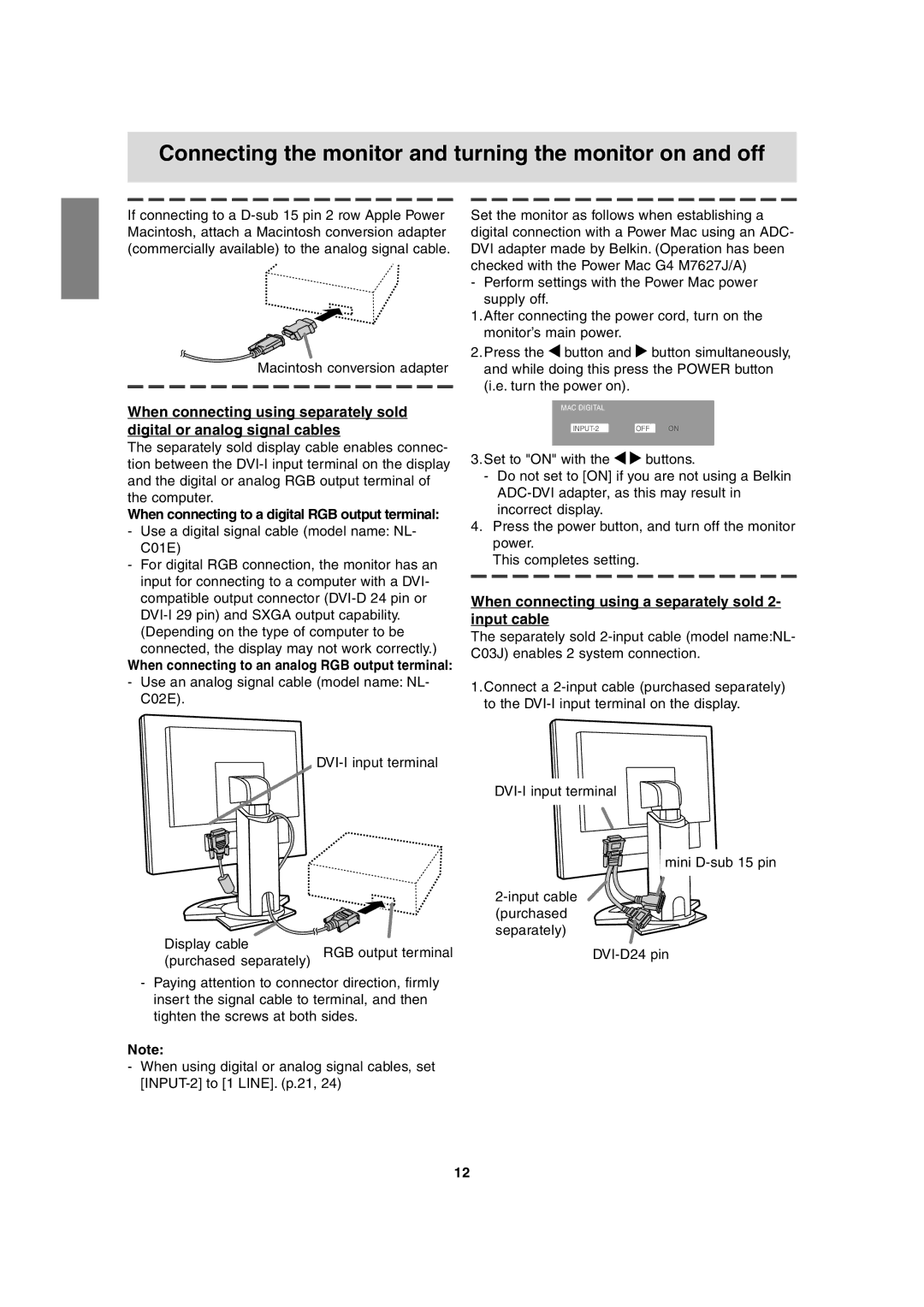 Sharp LL-T1815 operation manual Connecting the monitor and turning the monitor on and off, Macintosh conversion adapter 