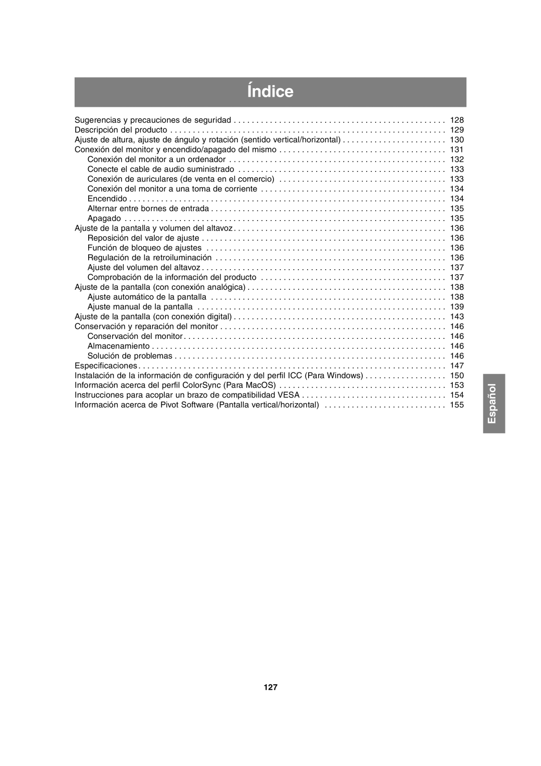 Sharp LL-T1815 operation manual Índice, 127 