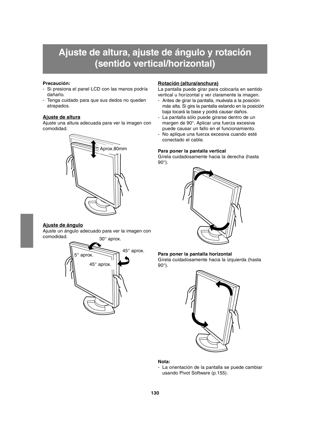 Sharp LL-T1815 operation manual Ajuste de altura, Ajuste de ángulo, Rotación altura/anchura 