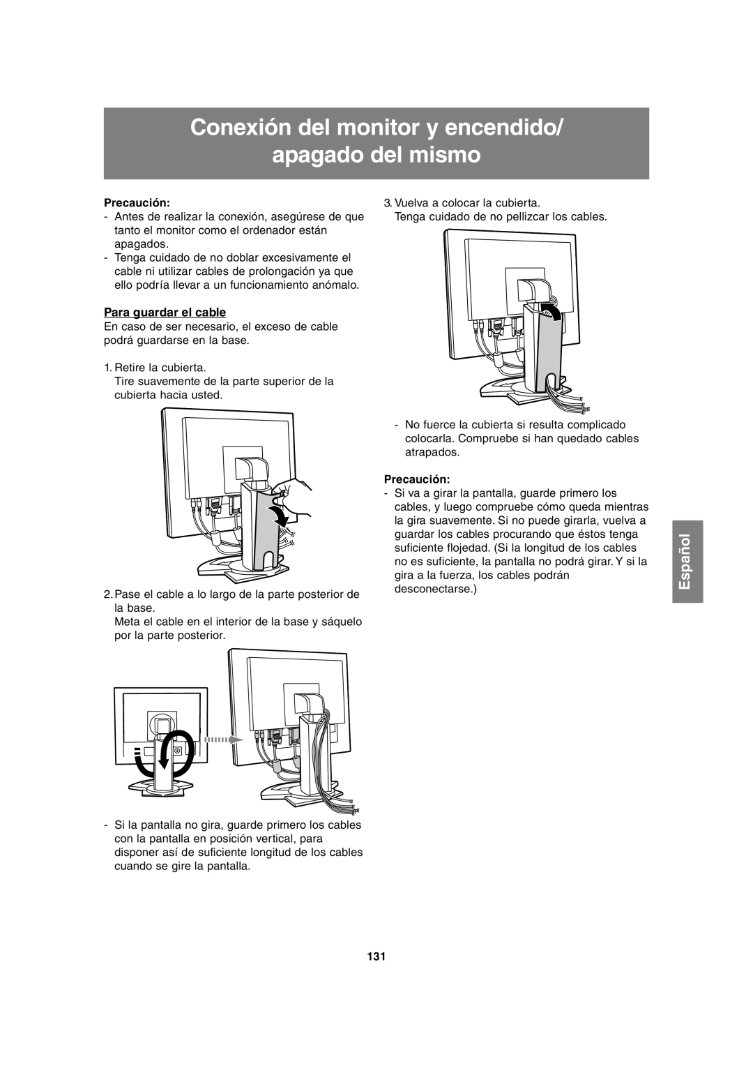 Sharp LL-T1815 operation manual Conexión del monitor y encendido Apagado del mismo, Para guardar el cable, 131 