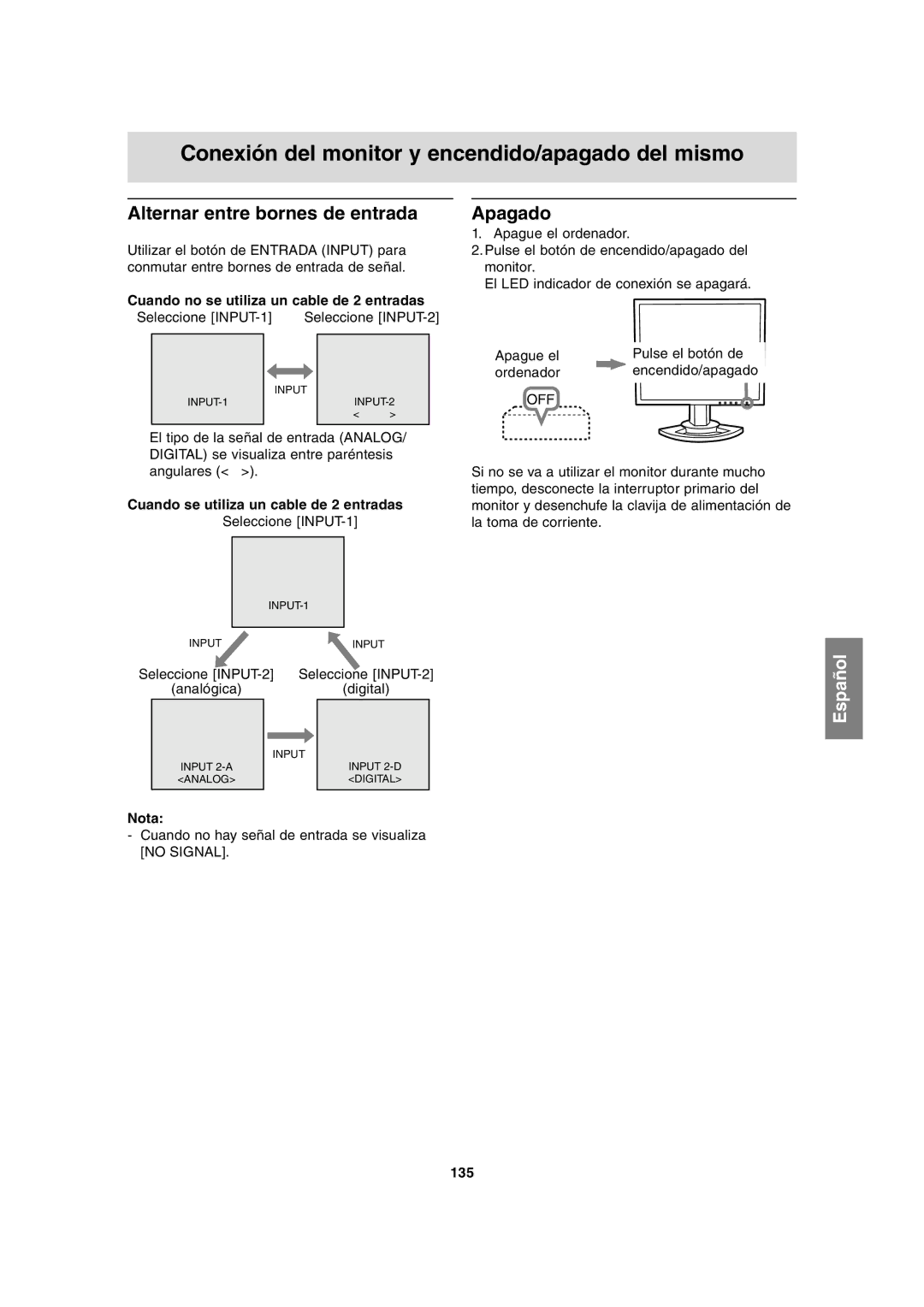 Sharp LL-T1815 operation manual Alternar entre bornes de entrada, Apagado, Cuando no se utiliza un cable de 2 entradas, 135 