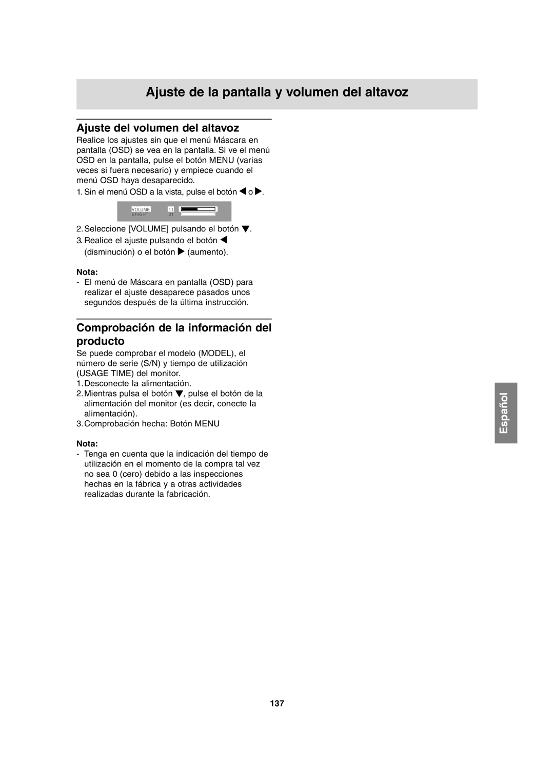 Sharp LL-T1815 operation manual Ajuste de la pantalla y volumen del altavoz, Ajuste del volumen del altavoz, 137 