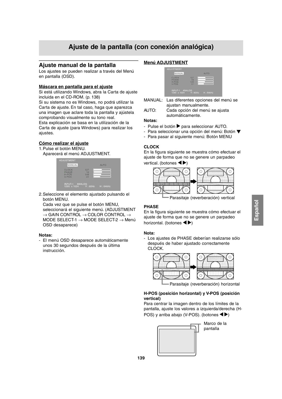 Sharp LL-T1815 operation manual Ajuste de la pantalla con conexión analógica, Ajuste manual de la pantalla, Menú Adjustment 