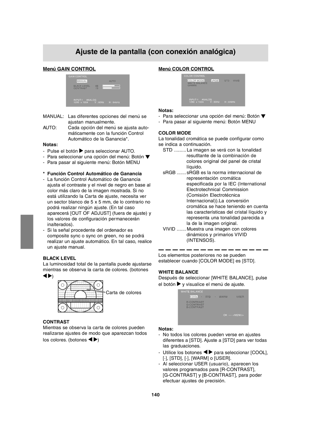 Sharp LL-T1815 operation manual Menú Gain Control, Carta de colores, Menú Color Control, 140 