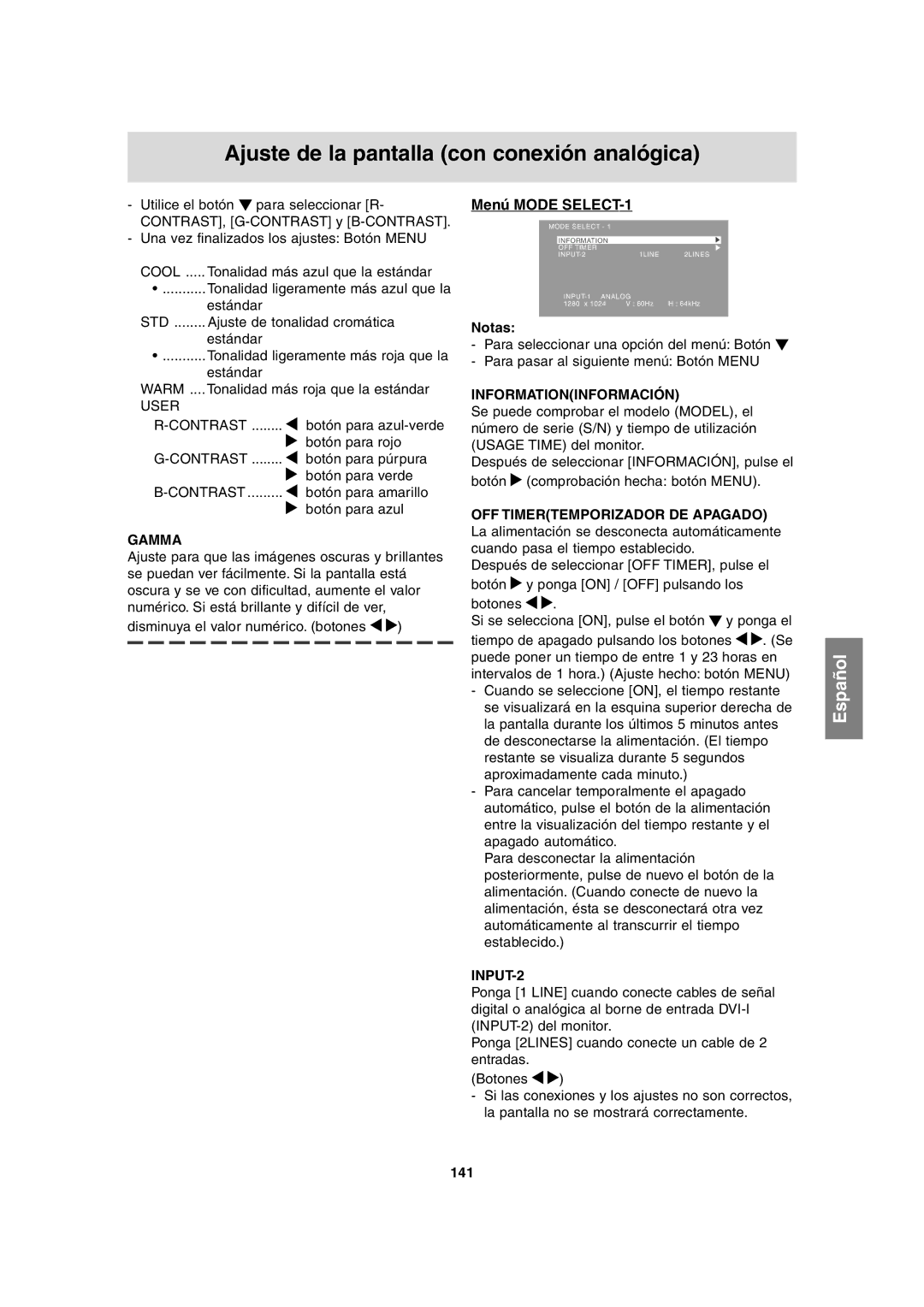 Sharp LL-T1815 operation manual Menú Mode SELECT-1, Informationinformación, 141 