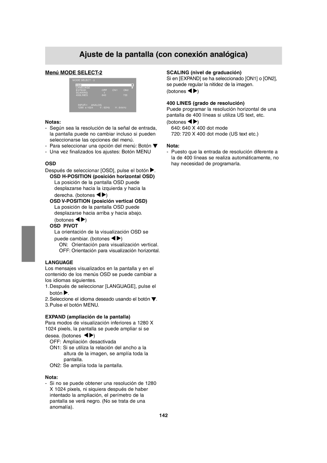 Sharp LL-T1815 operation manual Menú Mode SELECT-2, Expand ampliación de la pantalla, Scaling nivel de graduación, 142 