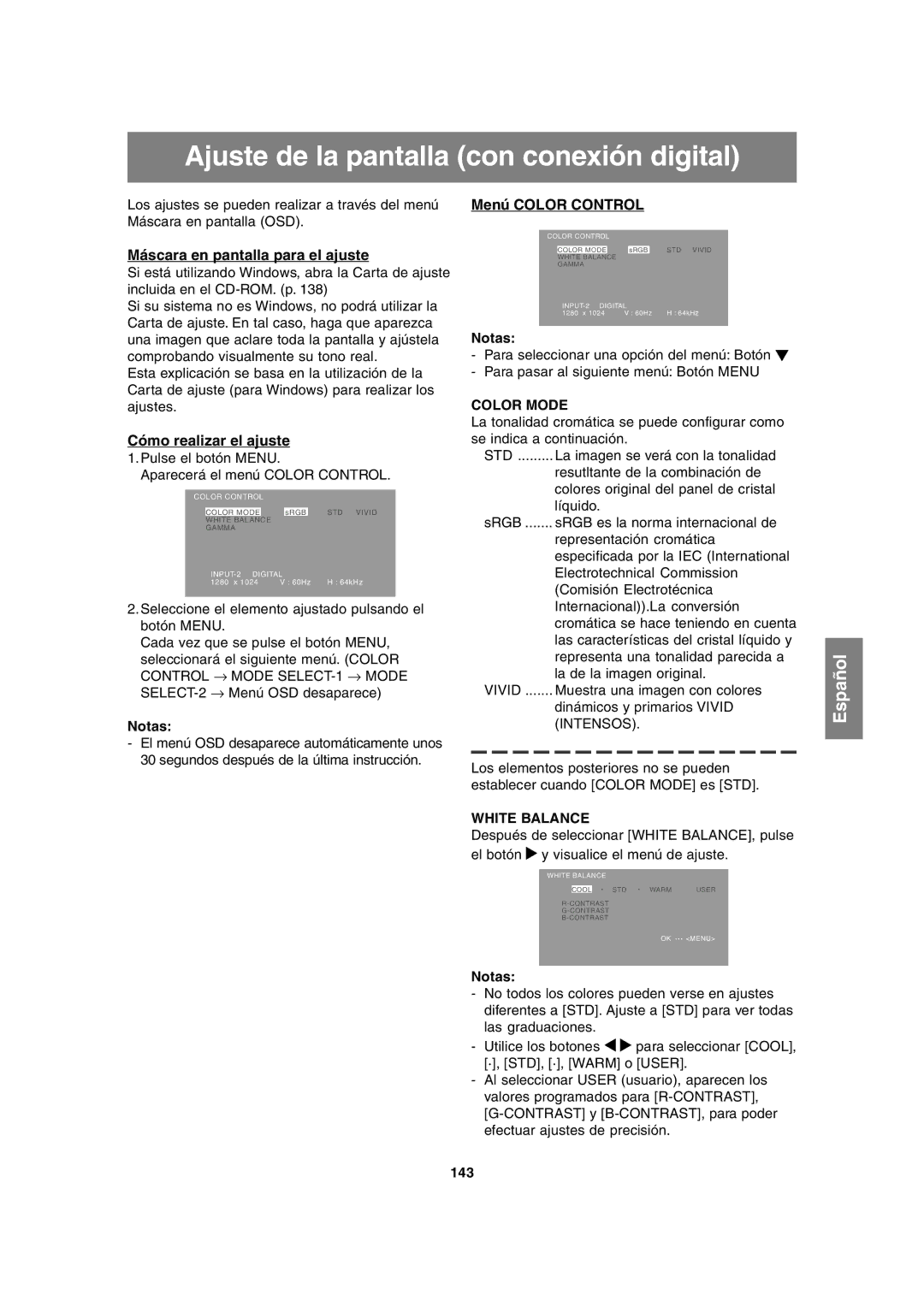 Sharp LL-T1815 operation manual Ajuste de la pantalla con conexión digital, Menú Color Control, 143 