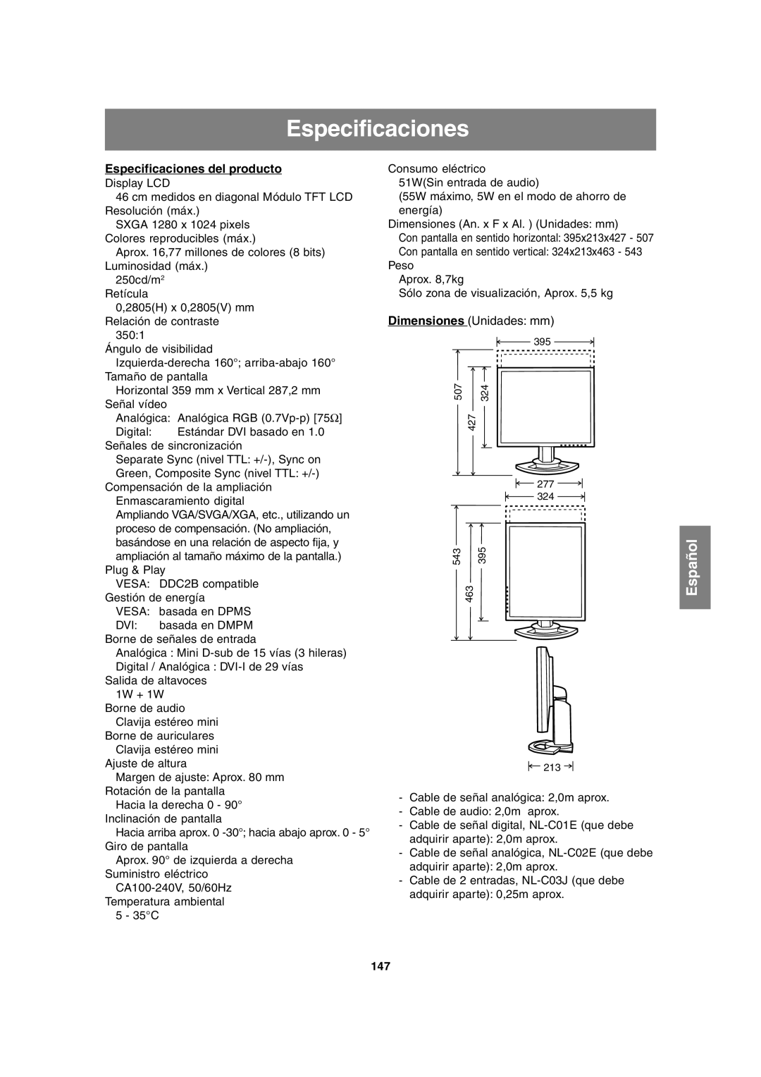 Sharp LL-T1815 operation manual Especificaciones del producto, 147 