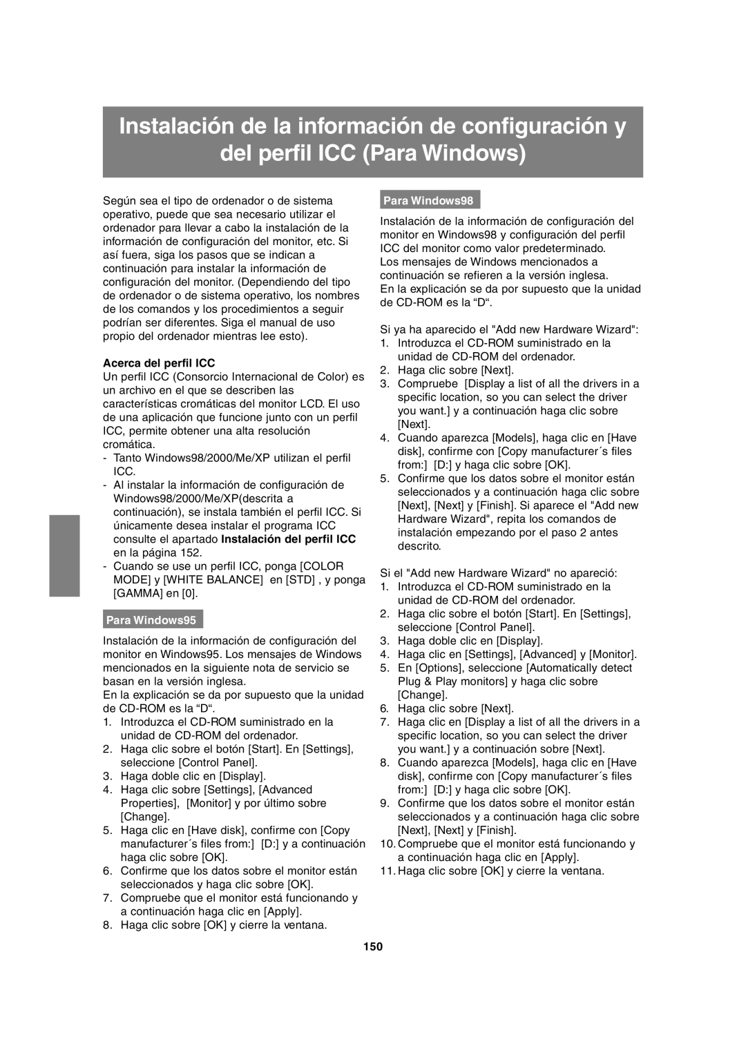 Sharp LL-T1815 operation manual Acerca del perfil ICC, Para Windows95, Para Windows98, 150 