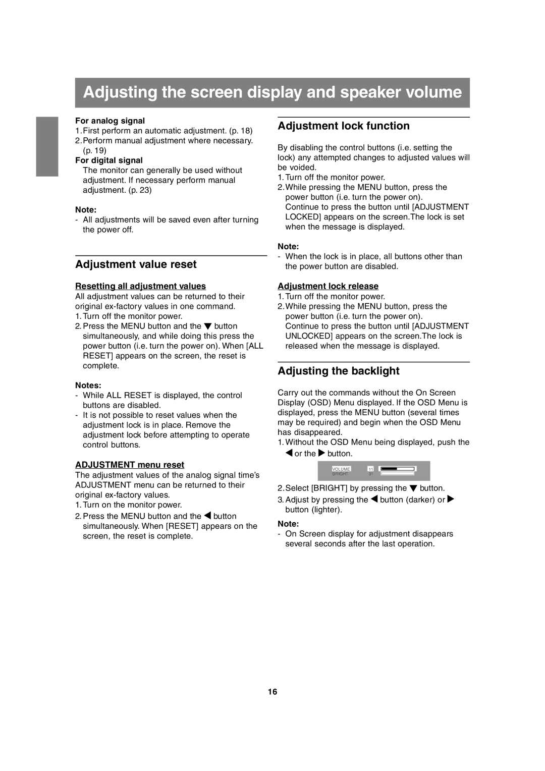 Sharp LL-T1815 Adjusting the screen display and speaker volume, Adjustment value reset, Adjustment lock function 