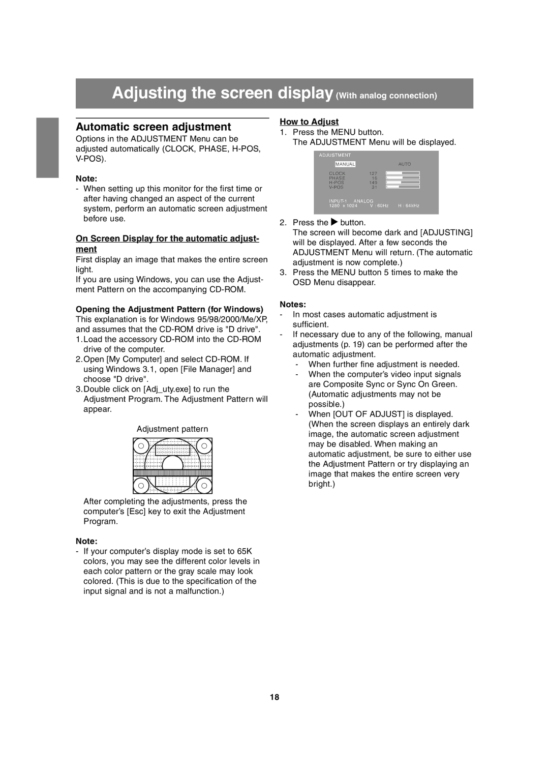 Sharp LL-T1815 Adjusting the screen display With analog connection, Automatic screen adjustment, How to Adjust 