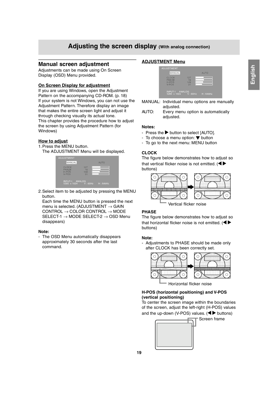 Sharp LL-T1815 Adjusting the screen display With analog connection, Manual screen adjustment, Adjustment Menu 